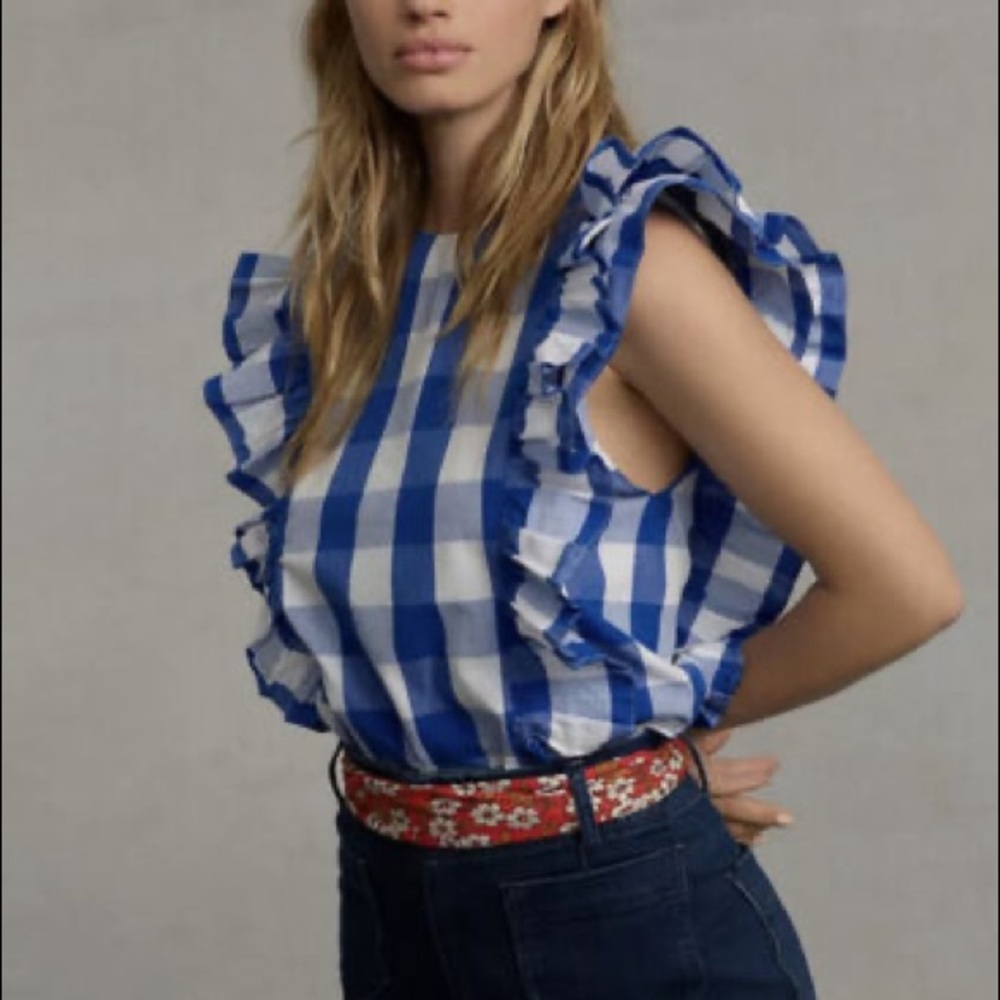 Anthropologie NWOT blue gingham ruffle top